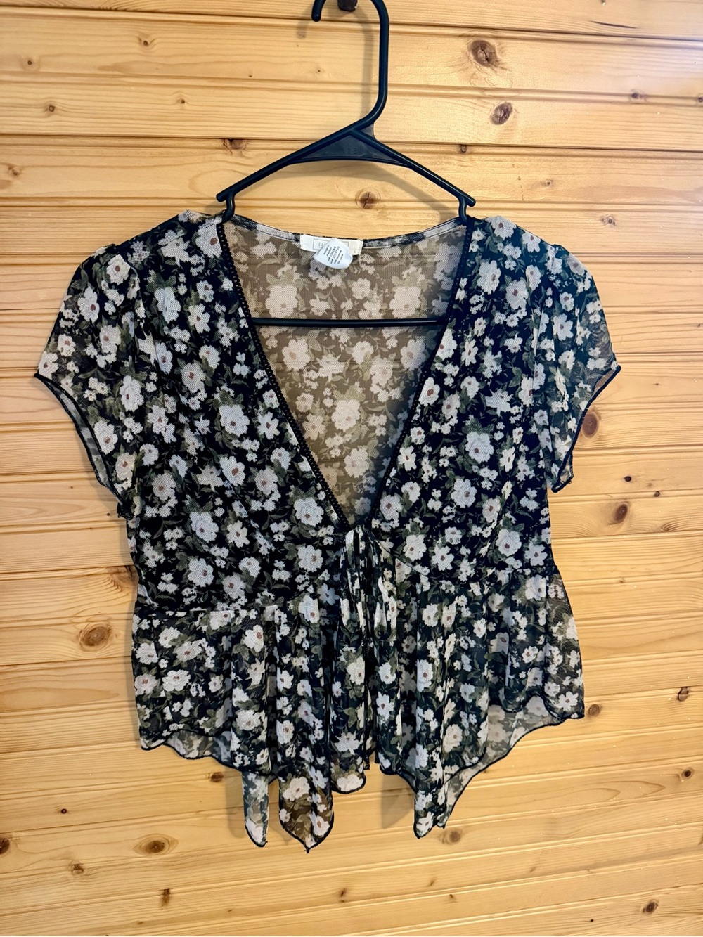 Full Tilt Black Sheer Floral Tie-Front Blouse